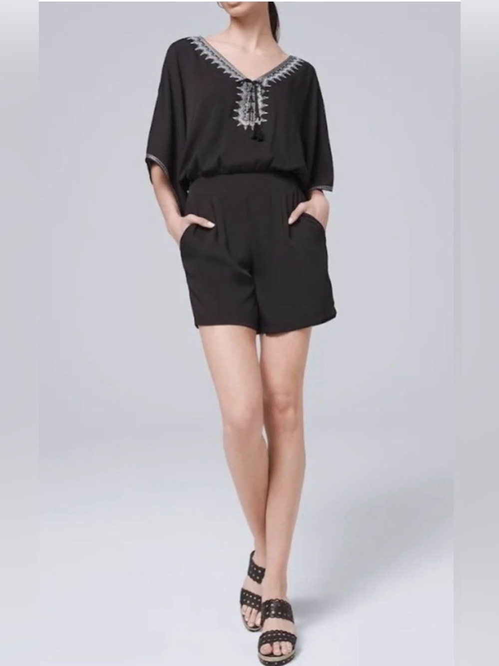 White House Black Market Kimono Sleeve Embroidered Black Romper Size 6